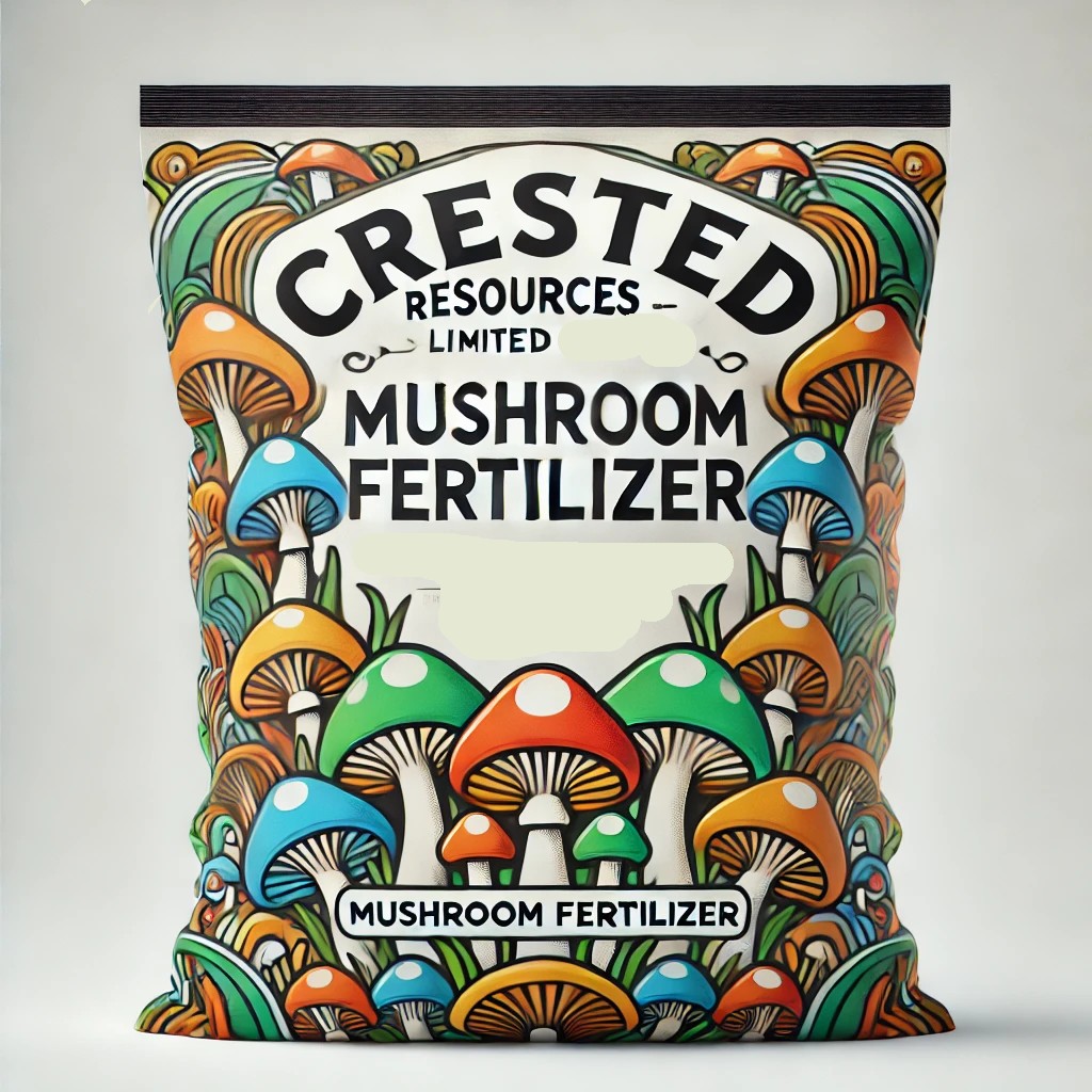 A vibrant and colorful mockup of a mushroom organic fertilizer packaging bag